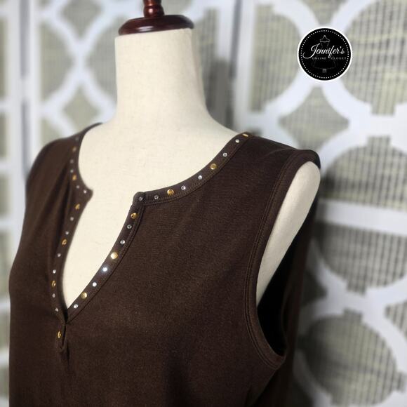 3/$25 Jason Maxwell Brown with Gold & Silver Studded Split Neck Sleeveless Top L - Picture 3 of 10